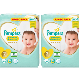 Pampers Premium Protection Nappies Size 2, 2 x 68 Jumbo Pack